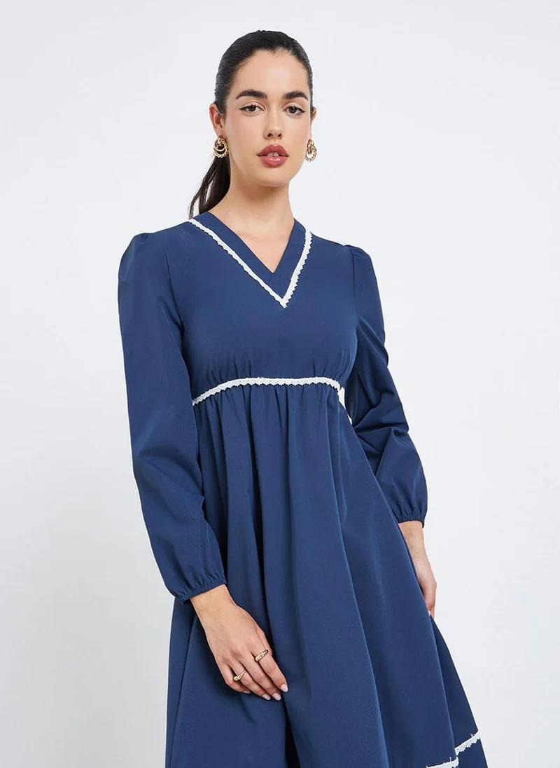 Styli Women Embroidered Long Sleeves A-Line Midi Dress